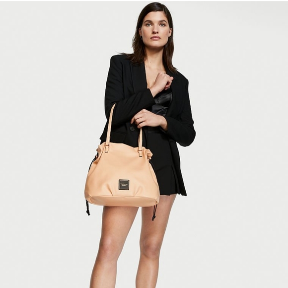 NEW! VICTORIA'S SECRET CINCH TOP BARE TOTE PURSE BAG SHOULDER BEIGE GOLD HANDBAG - Picture 5 of 8